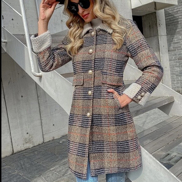 Tweed plaid trench peacoat houndstooth vintage tan - Picture 7 of 14